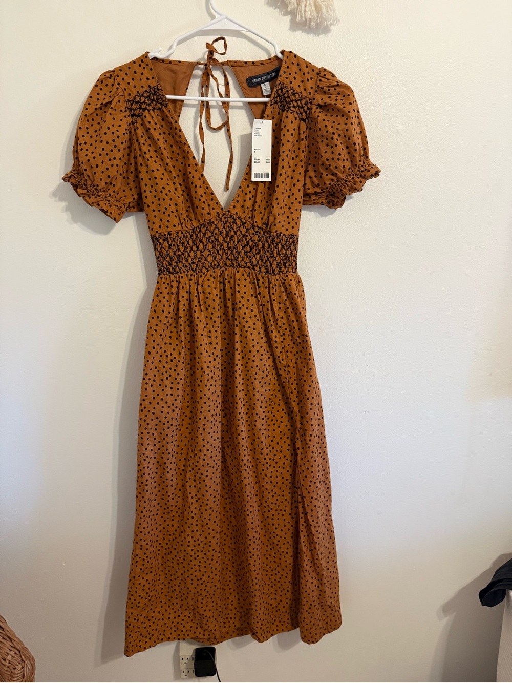 NWT Urban Outfitters Liliana Side slit Midi Rust Polka Dot Dress Smocked Waist
